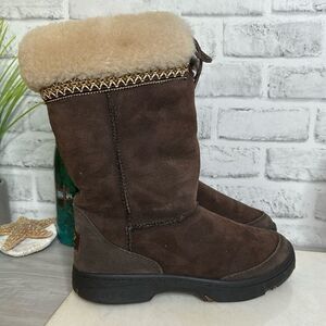 UGG Brown Leather Ultimate Cuff Sheepskin BOOTS Shoes Size 8